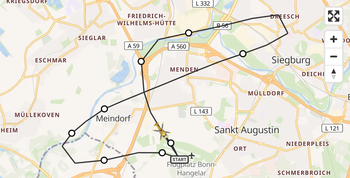 Flugroute Rettungshubschrauber Bonn-Hangelar Flugplatz - Sankt Augustin, 15 Juli 2026, 13:15