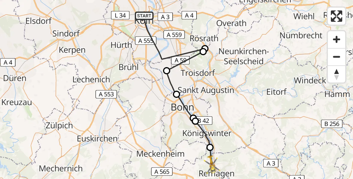 Flugroute Ambulanzhubschrauber Köln - Remagen, 15 Juli 2026, 13:18