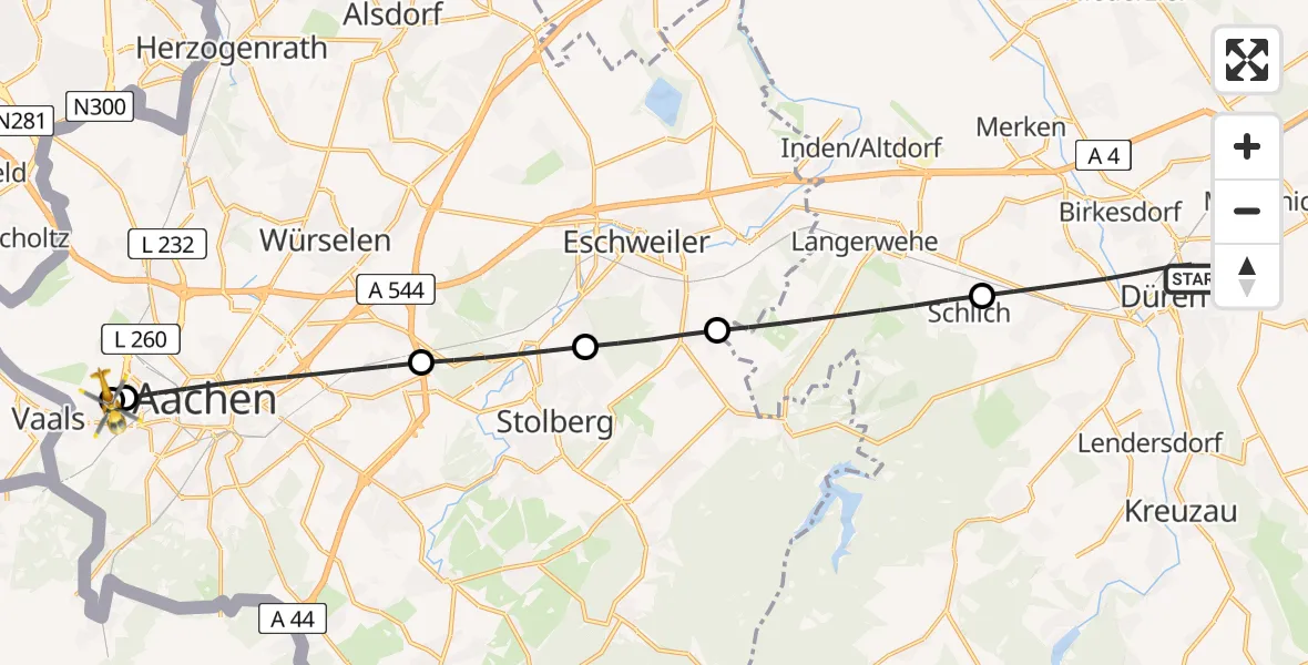 Flugroute Ambulanzhubschrauber Düren - Aachen Hospital, 15 Juli 2026, 13:23