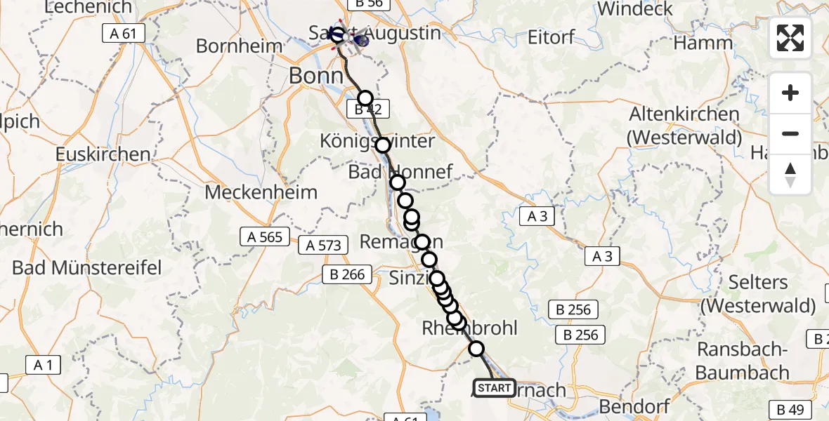 Flugroute Polizeihubschrauber Andernach - Sankt Augustin, 15 Juli 2026, 13:25