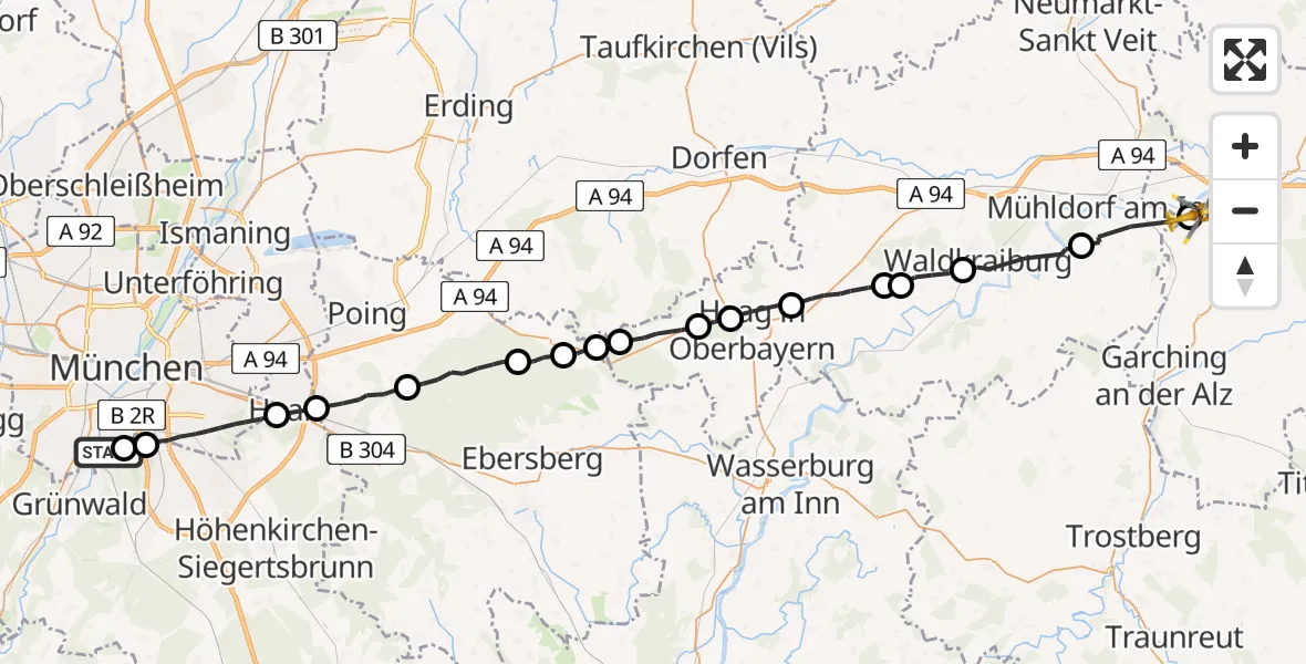 Flugroute Rettungshubschrauber ADAC Air Rescue Center Hubschrauberlandeplatz (Christoph 1) - Teising, 15 Juli 2026, 13:27