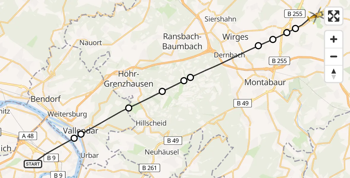 Flugroute Rettungshubschrauber Koblenz - Meudt, 15 Juli 2026, 13:29
