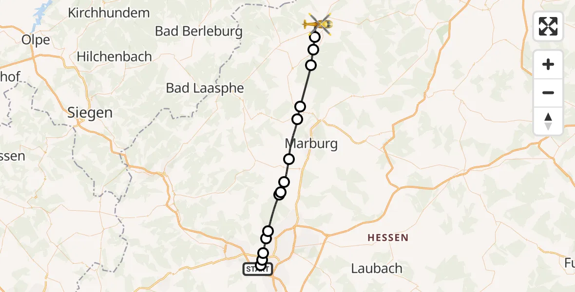 Flugroute Rettungshubschrauber Gießen-Lützellinden Flugplatz - Frankenberg (Eder), 15 Juli 2026, 13:30