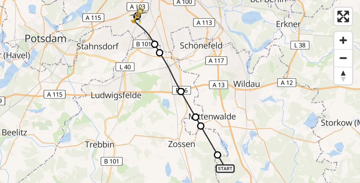 Flugroute Rettungshubschrauber Mittenwalde - Charité Clinic Benjamin Franklin Campus, 15 Juli 2026, 13:32