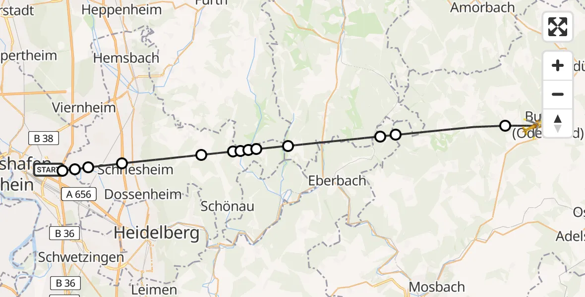Flugroute Rettungshubschrauber Mannheim-City Flughafen - Buchen (Odenwald), 15 Juli 2026, 13:32