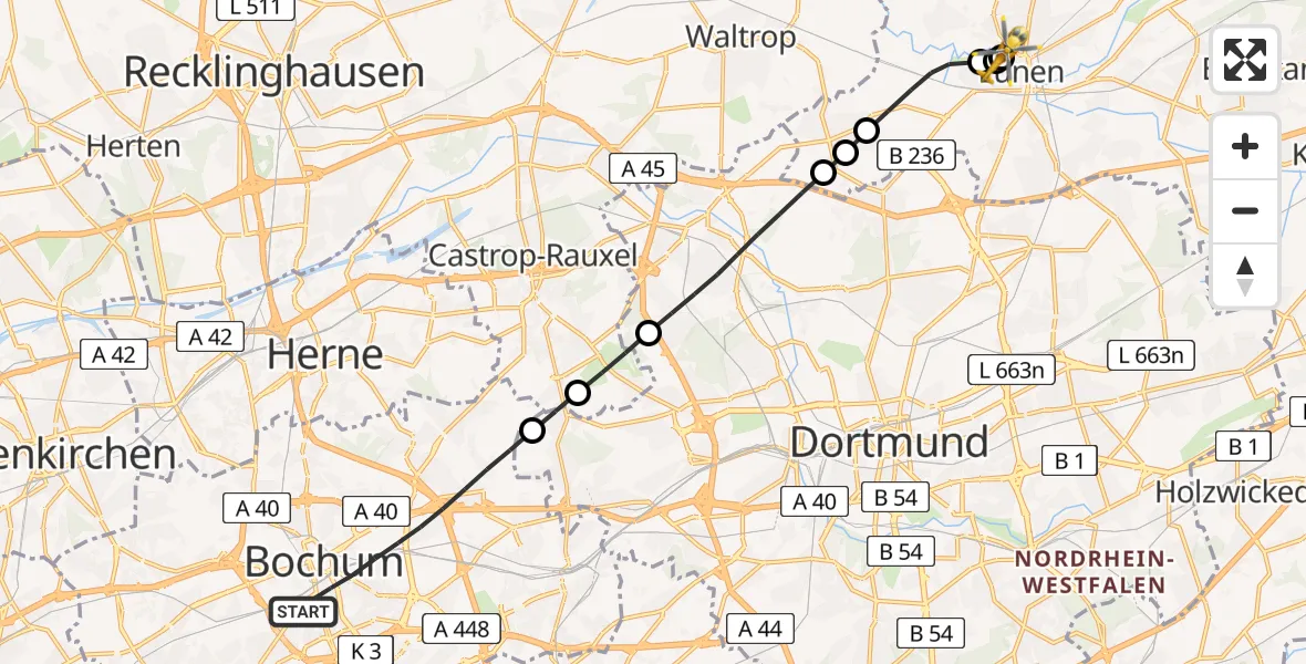 Flugroute Rettungshubschrauber Bochum - Sankt Marien Hospital, 15 Juli 2026, 13:38