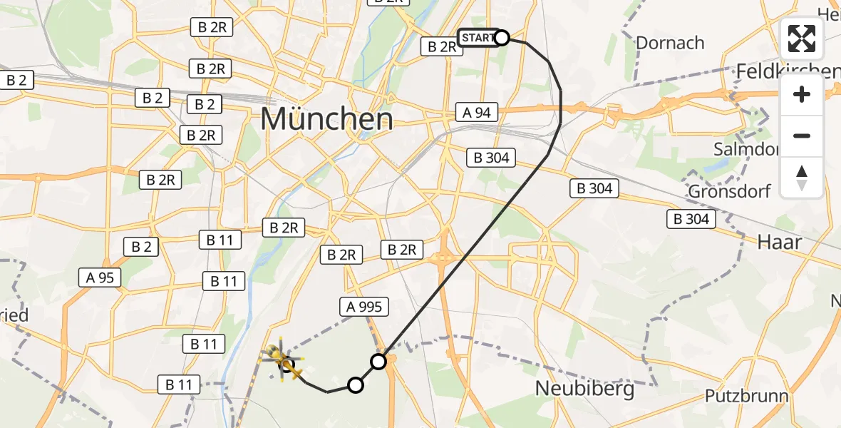 Flugroute Rettungshubschrauber München Bogenhausen Hospital - ADAC Air Rescue Center Hubschrauberlandeplatz (Christoph 1), 15 Juli 2026, 13:45