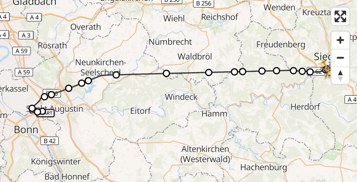 Flugroute Rettungshubschrauber Bonn-Hangelar Flugplatz - Evangelisches Jung-Stilling Hospital, 15 Juli 2026, 13:47