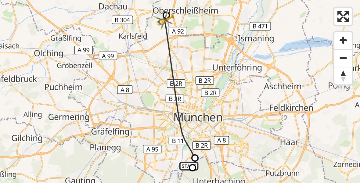 Flugroute Rettungshubschrauber ADAC Air Rescue Center Hubschrauberlandeplatz (Christoph 1) - Oberschleißheim, 15 Juli 2026, 13:57