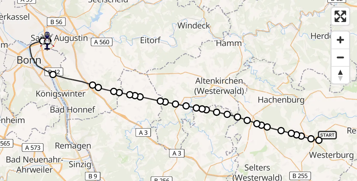 Flugroute Polizeihubschrauber Ailertchen - Sankt Augustin, 15 Juli 2026, 14:03