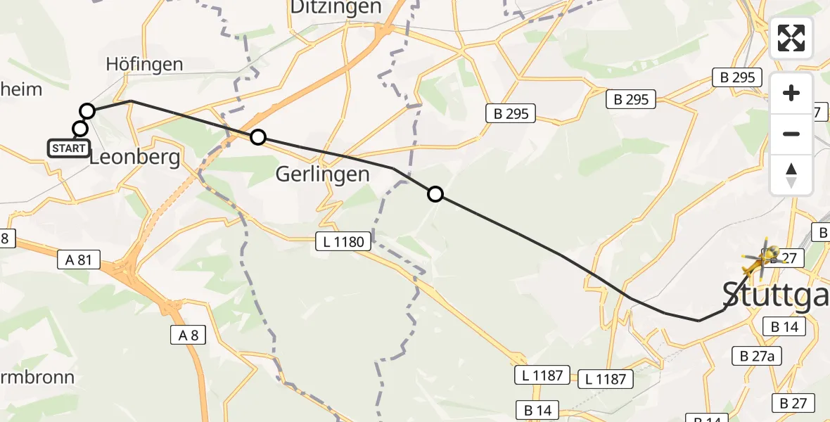 Flugroute Rettungshubschrauber Leonberg Hospital - Stuttgart, 15 Juli 2026, 14:05