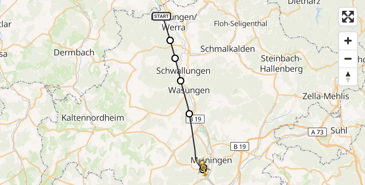 Flugroute Ambulanzhubschrauber Breitungen/Werra - Helios Clinic Meiningen, 15 Juli 2026, 14:11