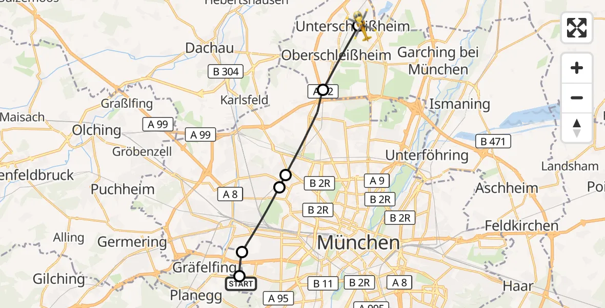 Flugroute Rettungshubschrauber DRF Air Rescue München Hubschrauberlandeplatz - Unterschleißheim, 15 Juli 2026, 14:12