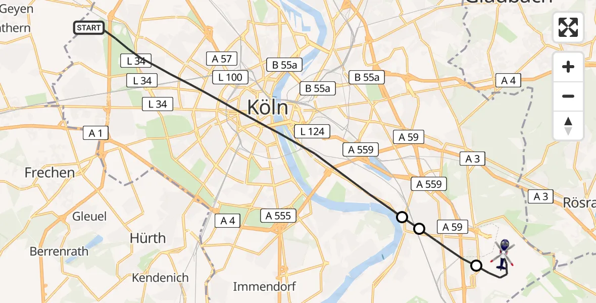 Flugroute Polizeihubschrauber Köln - Köln Bonn Flughafen, 15 Juli 2026, 14:13