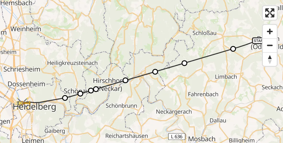 Flugroute Rettungshubschrauber Buchen (Odenwald) - Heidelberg, 15 Juli 2026, 14:15
