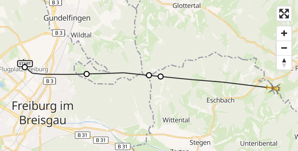 Flugroute Ambulanzhubschrauber Freiburg im Breisgau Flugplatz - St. Peter, 15 Juli 2026, 14:22
