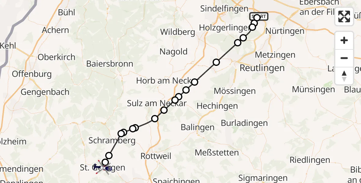 Flugroute Polizeihubschrauber Flughafen Stuttgart - St. Georgen im Schwarzwald, 15 Juli 2026, 14:24