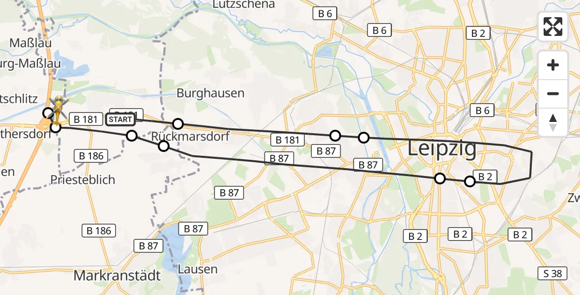 Flugroute Rettungshubschrauber Schkeuditz - ADAC Air Rescue Station Leipzig/Schkeuditz-Dölzig Hubschrauberlandeplatz (Christoph 61), 15 Juli 2026, 14:35
