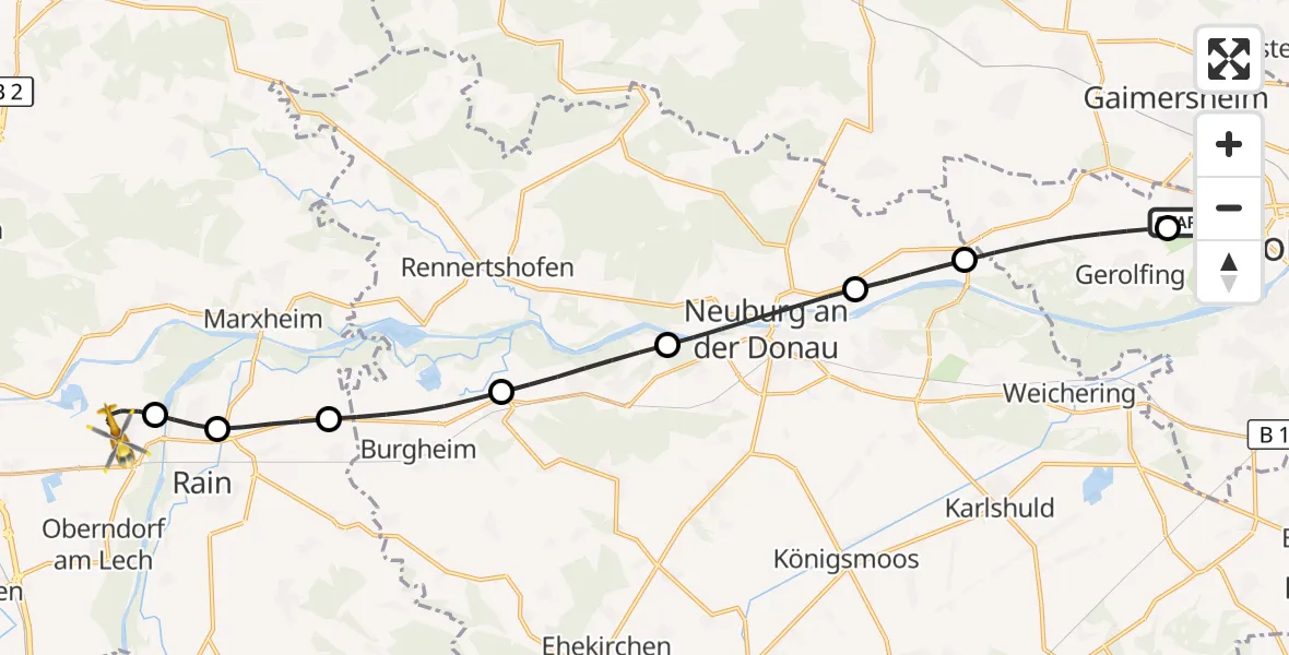 Flugroute Rettungshubschrauber Ingolstadt Hospital - Genderkingen, 15 Juli 2026, 14:36