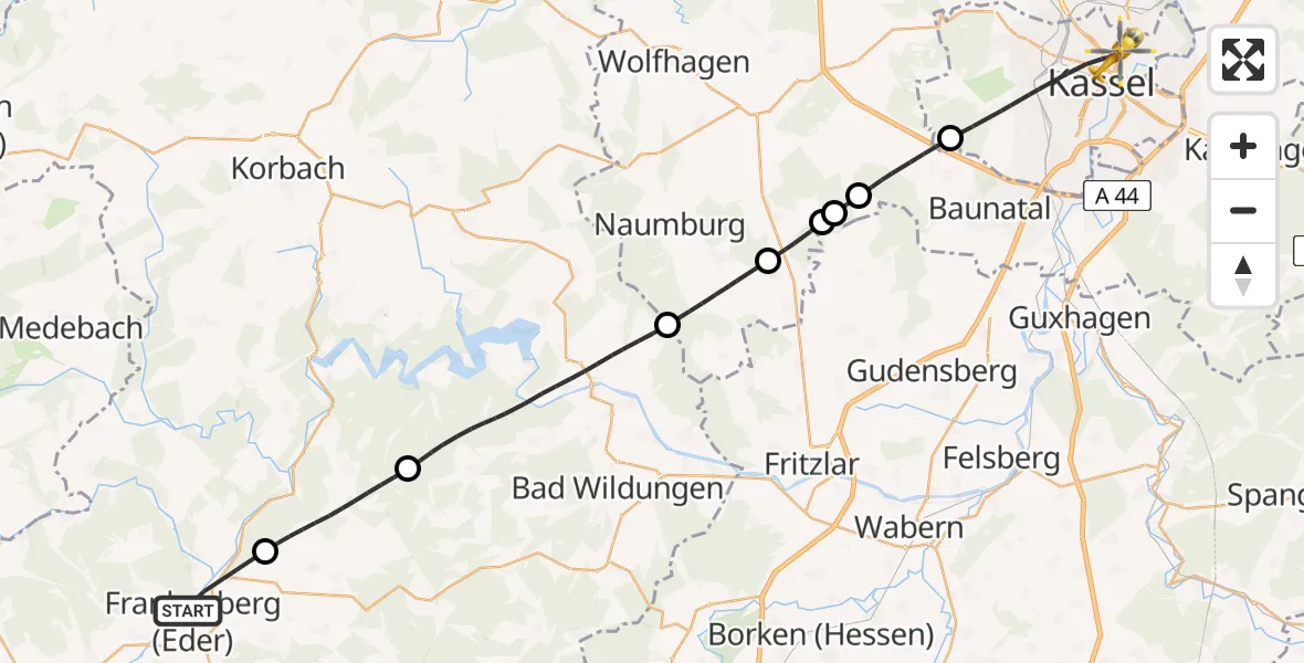 Flugroute Rettungshubschrauber Frankenberg (Eder) - Kassel, 15 Juli 2026, 14:39