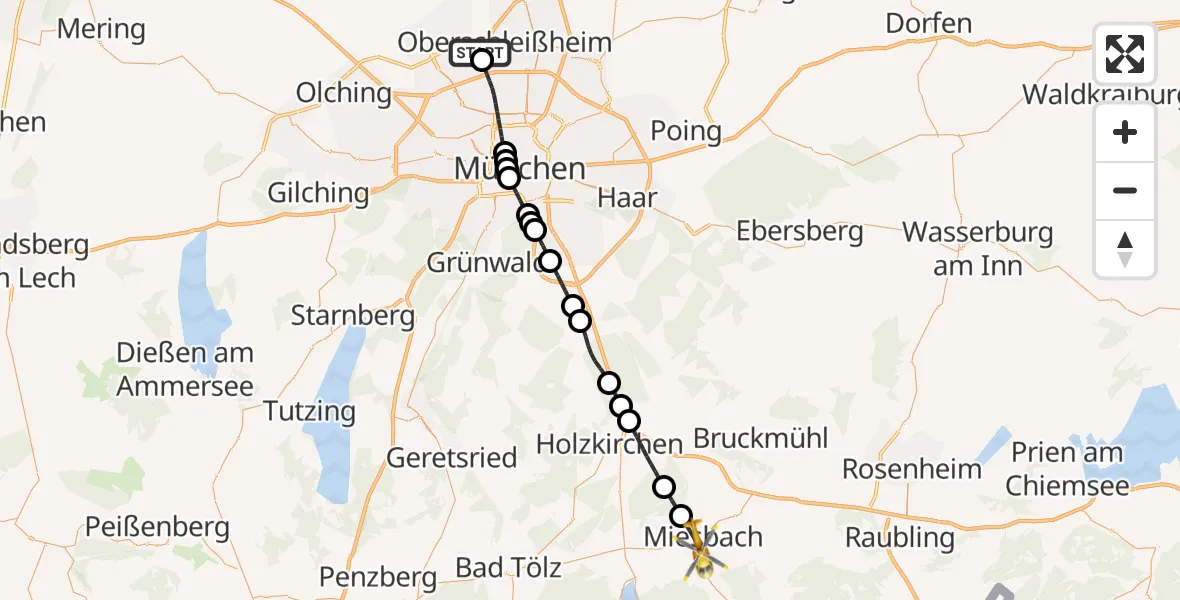 Flugroute Rettungshubschrauber Oberschleißheim - Miesbach, 15 Juli 2026, 14:40