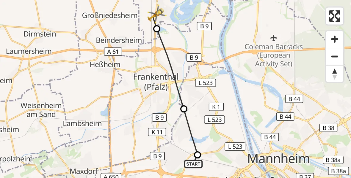 Flugroute Rettungshubschrauber Ludwigshafen Accident Hospital - Bobenheim-Roxheim, 15 Juli 2026, 14:43
