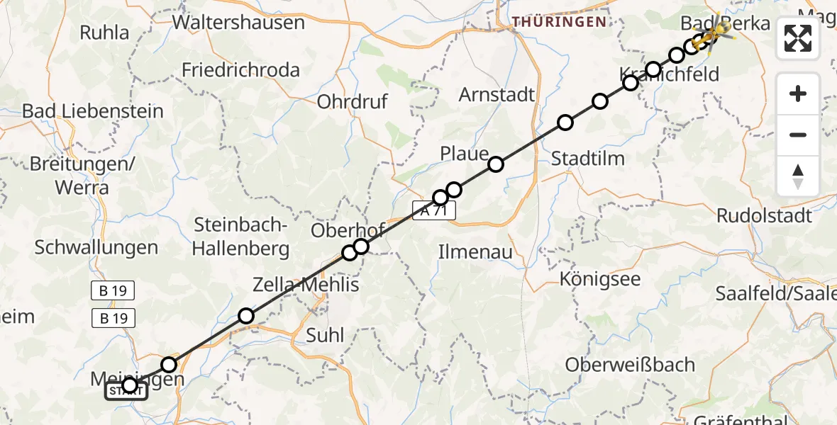 Flugroute Ambulanzhubschrauber Helios Clinic Meiningen - DRF Rettungsstation Bad Berka Hubschrauberlandeplatz, 15 Juli 2026, 14:46