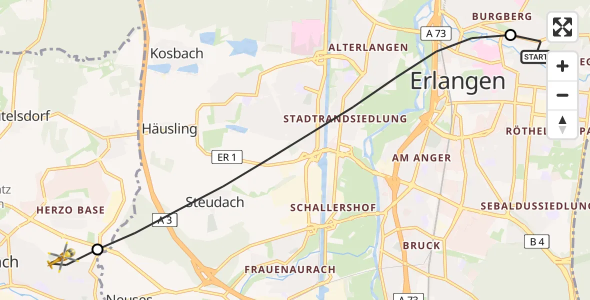 Flugroute Ambulanzhubschrauber Erlangen University Hospital Ebrardstraße - Herzogenaurach, 15 Juli 2026, 14:48