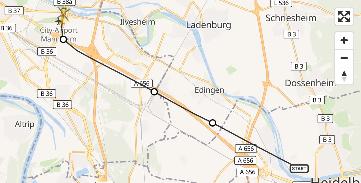 Flugroute Rettungshubschrauber Heidelberg - Mannheim-City Flughafen, 15 Juli 2026, 14:51