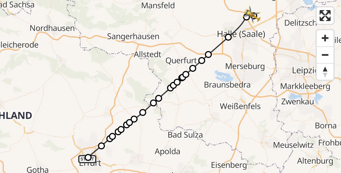 Flugroute Rettungshubschrauber Helios Clinic Erfurt - Landsberg, 15 Juli 2026, 14:51
