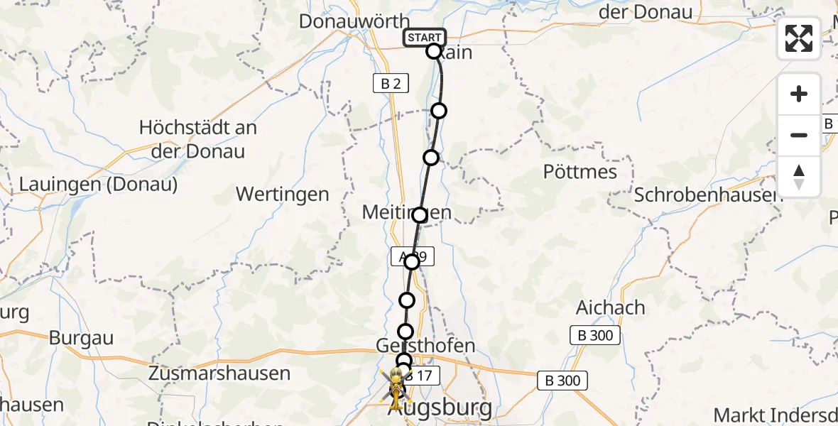 Flugroute Rettungshubschrauber Genderkingen - Augsburg University Hospital, 15 Juli 2026, 15:07