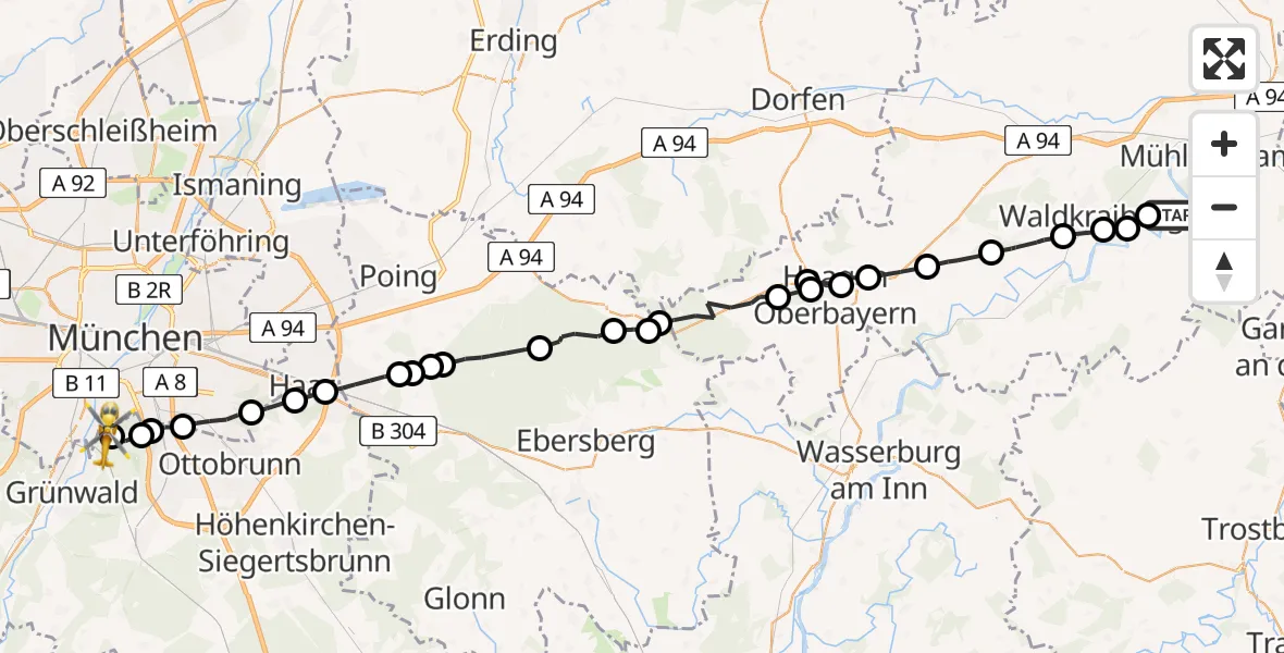 Flugroute Rettungshubschrauber Kraiburg a.Inn - ADAC Air Rescue Center Hubschrauberlandeplatz (Christoph 1), 15 Juli 2026, 15:10
