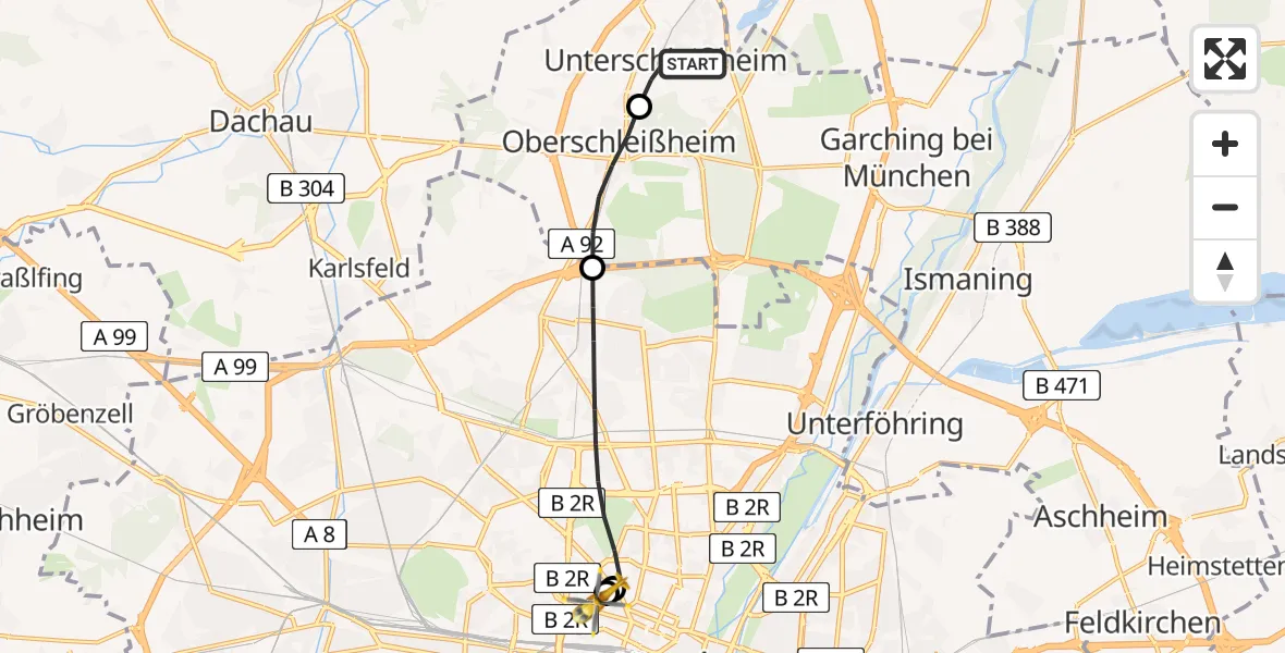 Flugroute Rettungshubschrauber Unterschleißheim - Deutsches Herzzentrum München, 15 Juli 2026, 15:12