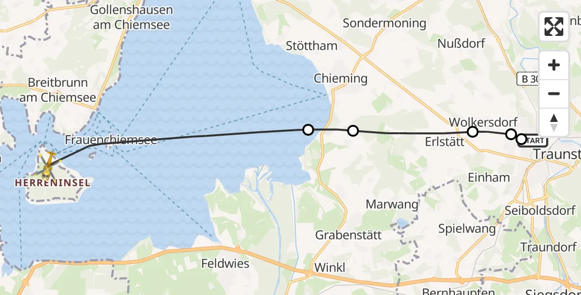 Flugroute Rettungshubschrauber Traunstein Hospital - Chiemsee, 15 Juli 2026, 15:13