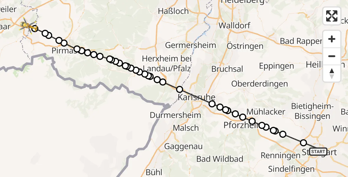Flugroute Rettungshubschrauber Stuttgart - Homburg, 15 Juli 2026, 15:20