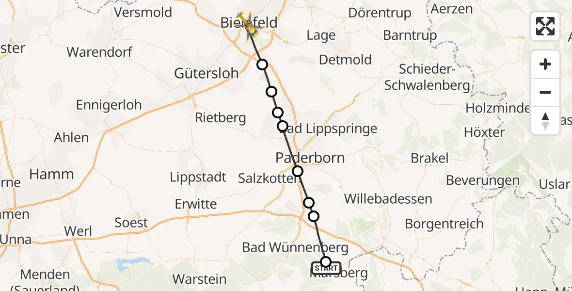 Flugroute Rettungshubschrauber Marsberg - Bielefeld, 15 Juli 2026, 15:22