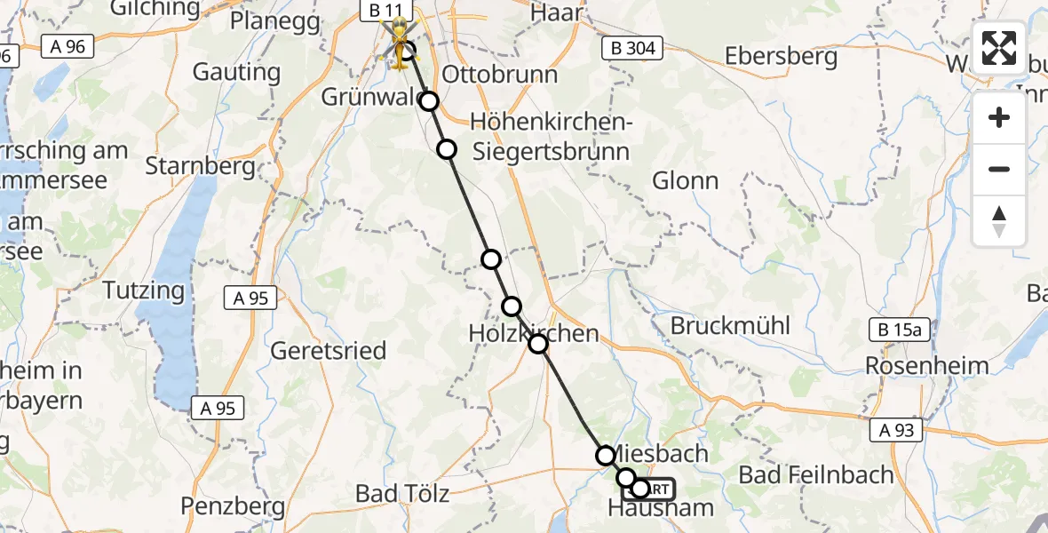 Flugroute Rettungshubschrauber Agatharied Hospital - ADAC Air Rescue Center Hubschrauberlandeplatz (Christoph 1), 15 Juli 2026, 15:23