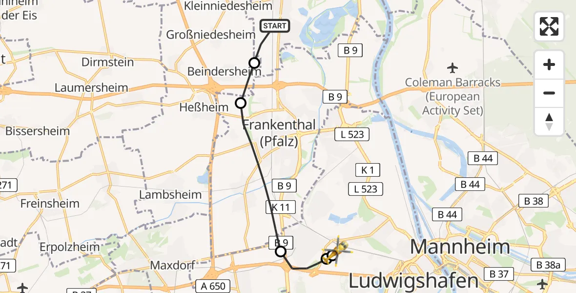 Flugroute Rettungshubschrauber Bobenheim-Roxheim - Ludwigshafen Accident Hospital, 15 Juli 2026, 15:25