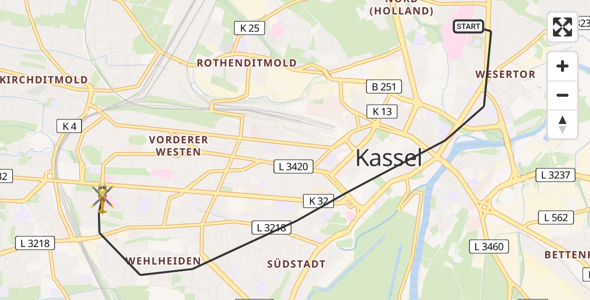 Flugroute Rettungshubschrauber Kassel - Kassel, 15 Juli 2026, 15:27