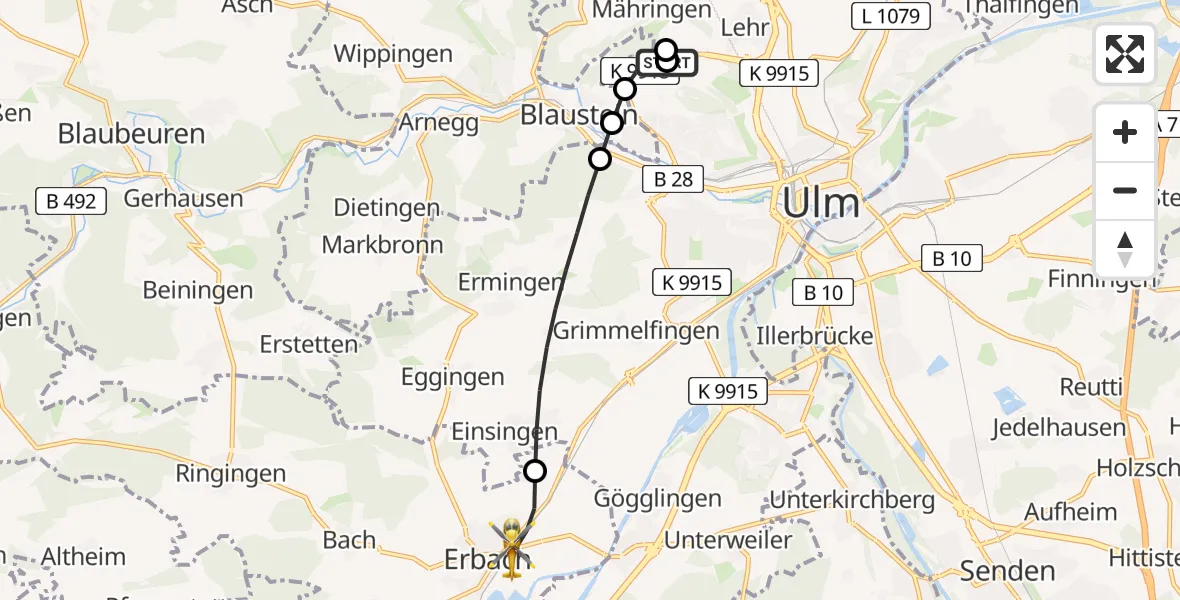 Flugroute Rettungshubschrauber Ulm Military Hospital Emergency - Erbach, 15 Juli 2026, 15:36