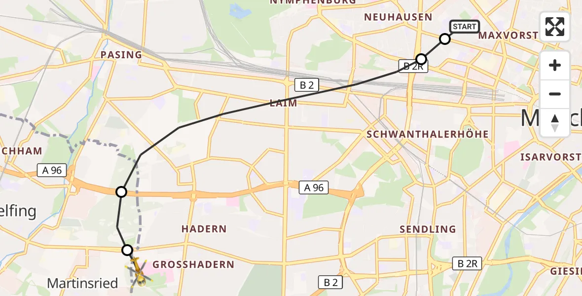Flugroute Rettungshubschrauber Deutsches Herzzentrum München - DRF Air Rescue München Hubschrauberlandeplatz, 15 Juli 2026, 15:40