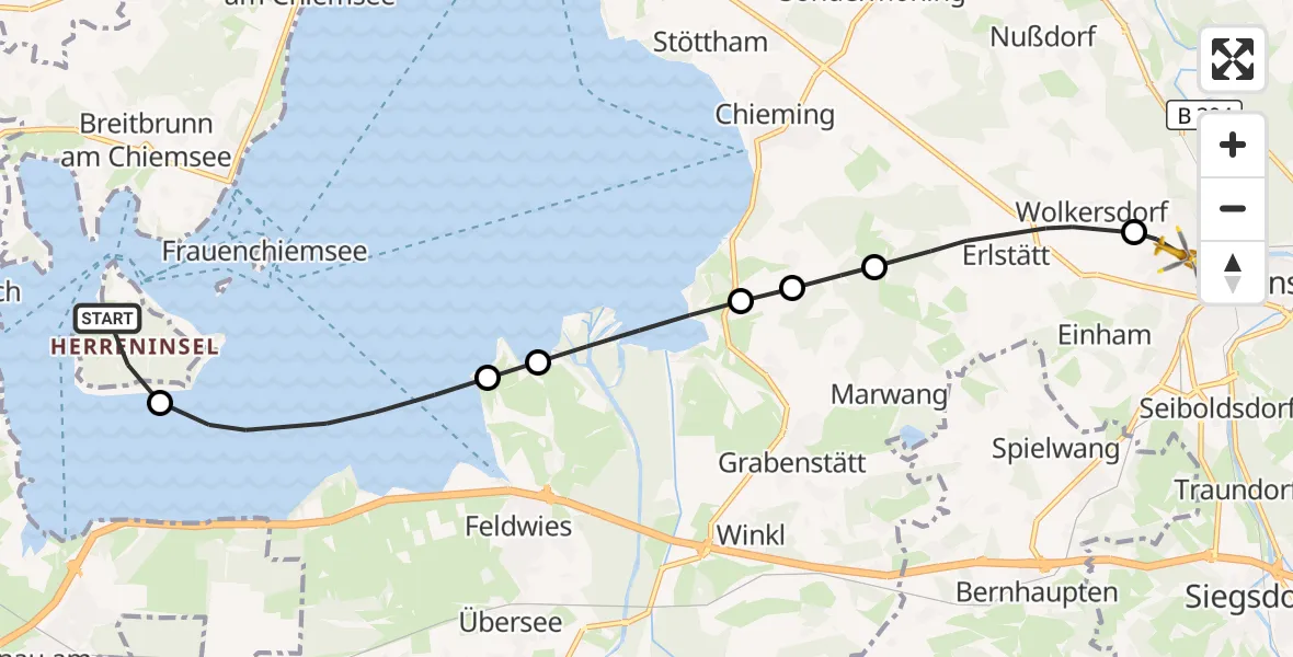 Flugroute Rettungshubschrauber Chiemsee - Traunstein Krankenhaus Hubschrauberlandeplatz, 15 Juli 2026, 15:41