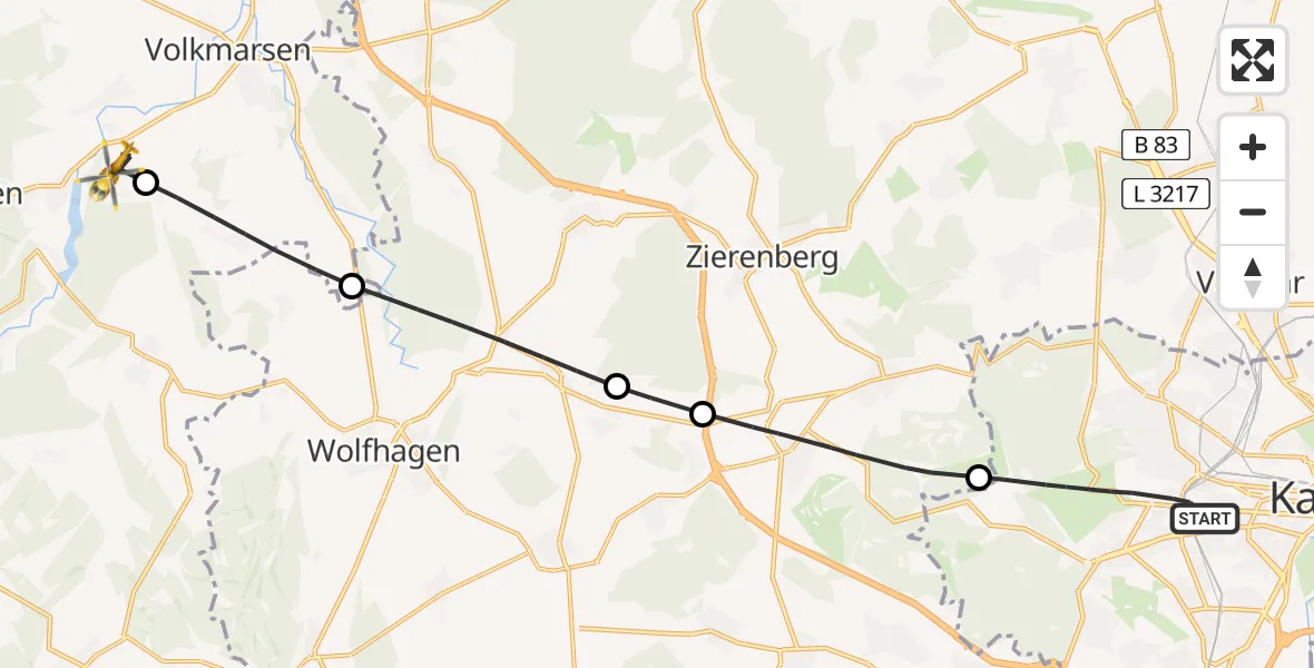 Flugroute Rettungshubschrauber Kassel - Bad Arolsen, 15 Juli 2026, 15:45