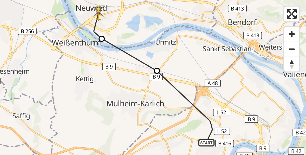 Flugroute Rettungshubschrauber Koblenz - Neuwied, 15 Juli 2026, 15:56