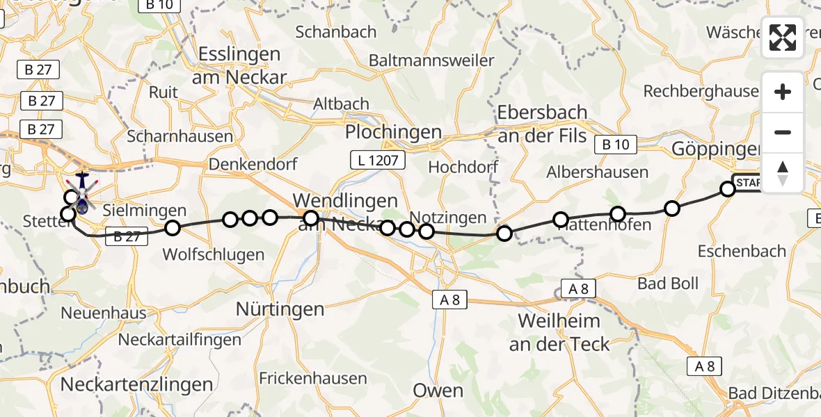 Flugroute Polizeihubschrauber Göppingen - Flughafen Stuttgart, 15 Juli 2026, 15:59