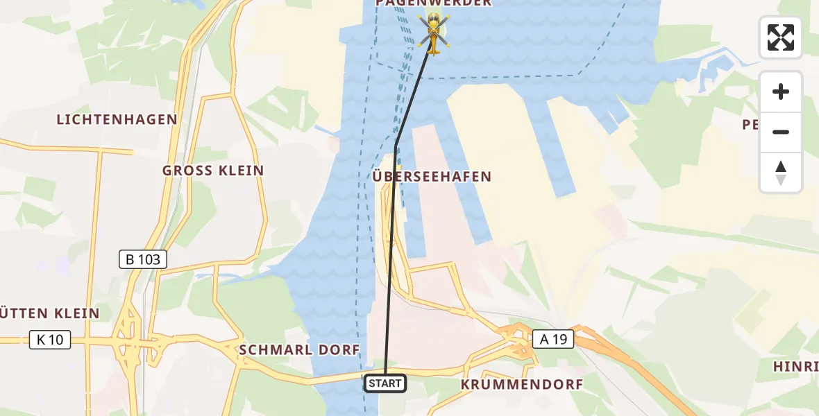 Flugroute Rettungshubschrauber Rostock - Rostock, 15 Juli 2026, 16:04
