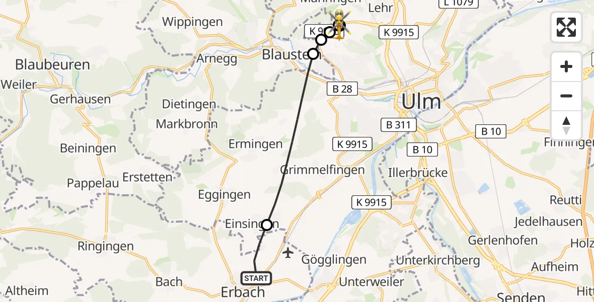 Flugroute Rettungshubschrauber Erbach - ADAC Air Rescue Station Ulm (Christoph 22), 15 Juli 2026, 16:10
