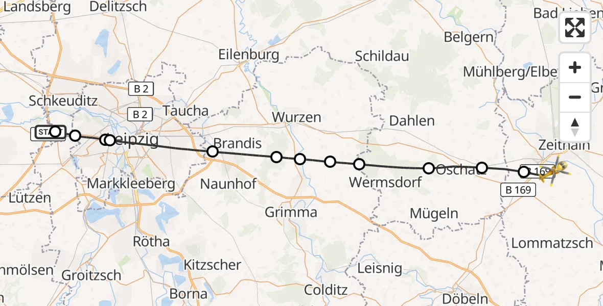 Flugroute Rettungshubschrauber ADAC Air Rescue Station Leipzig/Schkeuditz-Dölzig Hubschrauberlandeplatz (Christoph 61) - Riesa Hospital, 15 Juli 2026, 16:12