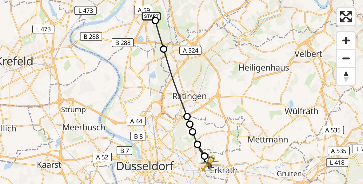 Flugroute Rettungshubschrauber Duisburg Air Rescue Hubschrauberlandeplatz (Christoph 9) - Erkrath, 15 Juli 2026, 16:13