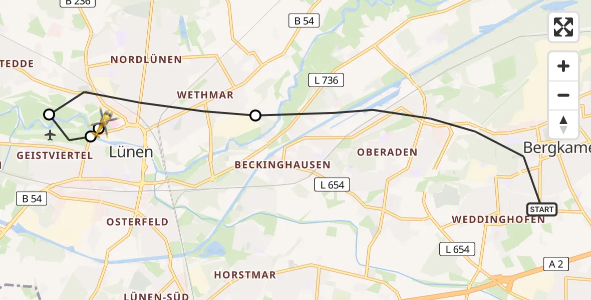 Flugroute Rettungshubschrauber Bergkamen - Sankt Marien Hospital, 15 Juli 2026, 16:15